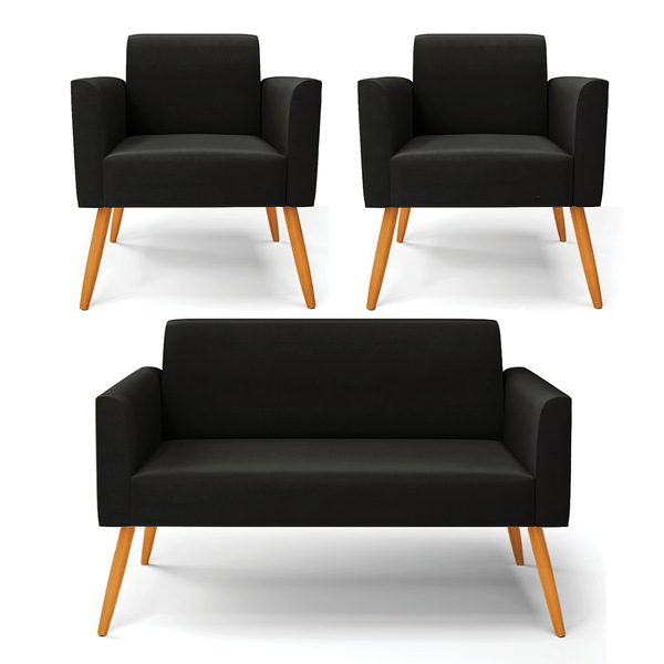 Sofá Namoradeira Com 2 Poltronas Pés Palito Castanho Marisa S