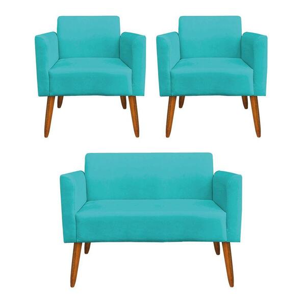 Sofá Namoradeira Com 2 Poltronas Pés Palito Castanho Marisa S