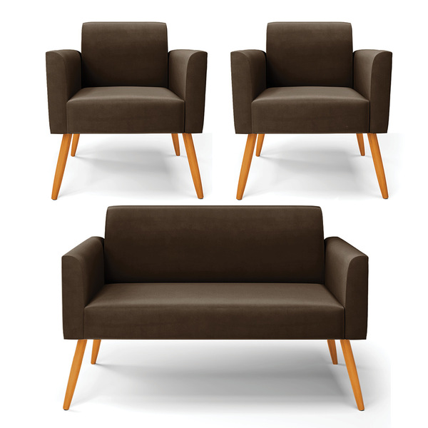 Sofá Namoradeira Com 2 Poltronas Pés Palito Castanho Marisa S