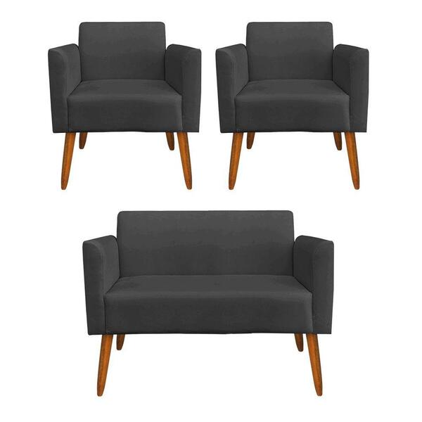 Sofá Namoradeira Com 2 Poltronas Pés Palito Castanho Marisa S