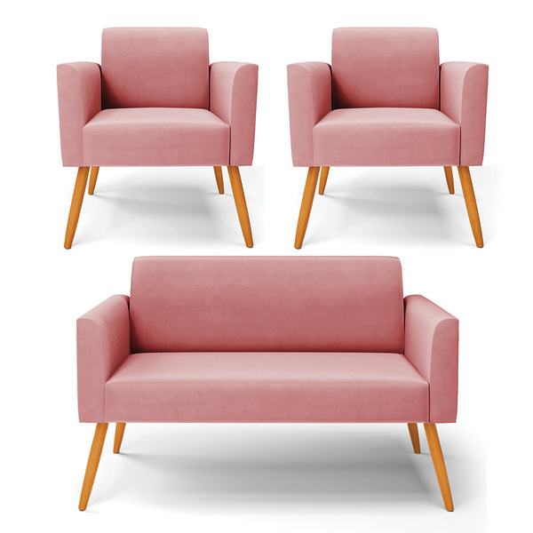 Sofá Namoradeira Com 2 Poltronas Pés Palito Castanho Marisa S