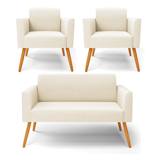 Sofá Namoradeira Com 2 Poltronas Pés Palito Castanho Marisa V