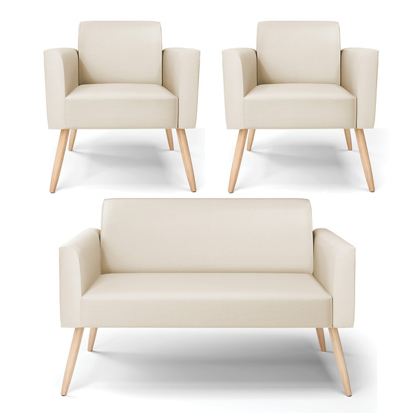 Sofá Namoradeira Com 2 Poltronas Pés Palito Natural Marisa Co