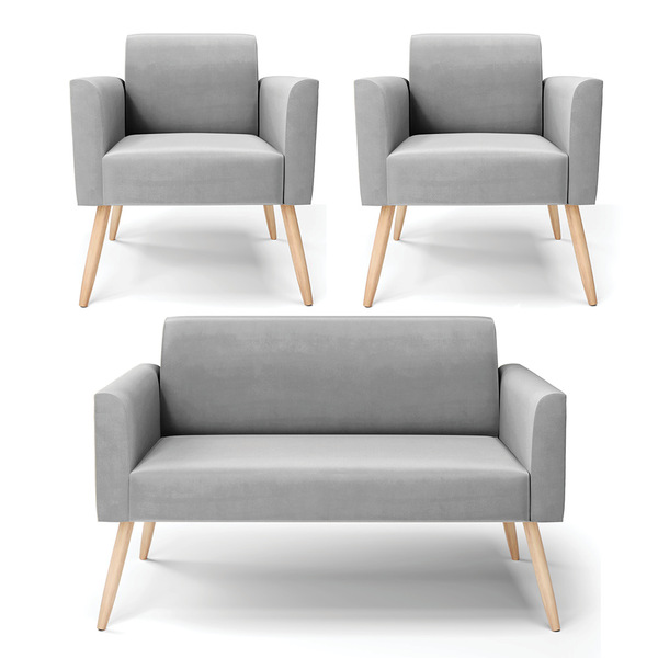 Sofá Namoradeira Com 2 Poltronas Pés Palito Natural Marisa Su