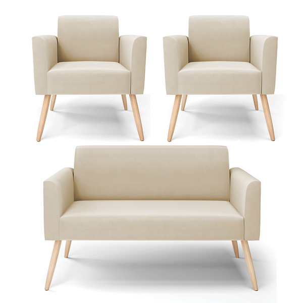 Sofá Namoradeira Com 2 Poltronas Pés Palito Natural Marisa Su