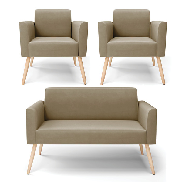 Sofá Namoradeira Com 2 Poltronas Pés Palito Natural Marisa Su