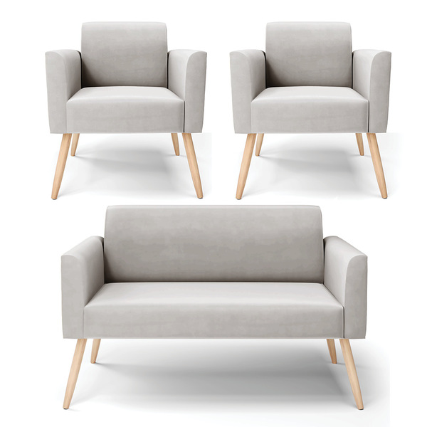 Sofá Namoradeira Com 2 Poltronas Pés Palito Natural Marisa Ve