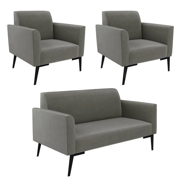 Sofá Namoradeira Com 2 Poltronas Pés Villach Marisa Suede Gra