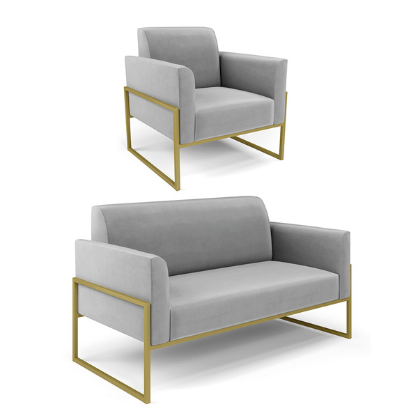 Sofá Namoradeira Com Poltrona Base Industrial Alta Dourado Ma