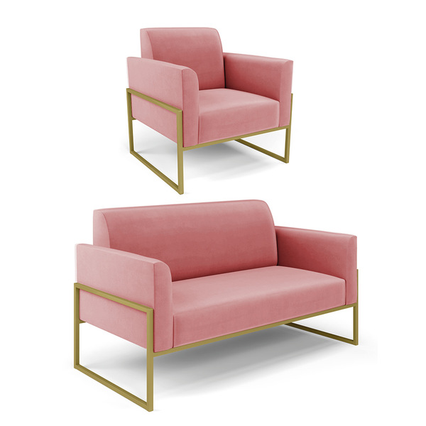 Sofá Namoradeira Com Poltrona Base Industrial Alta Dourado Ma