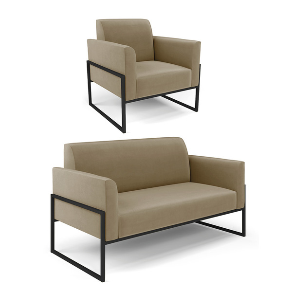 Sofá Namoradeira Com Poltrona Base Industrial Alta Preto Mari