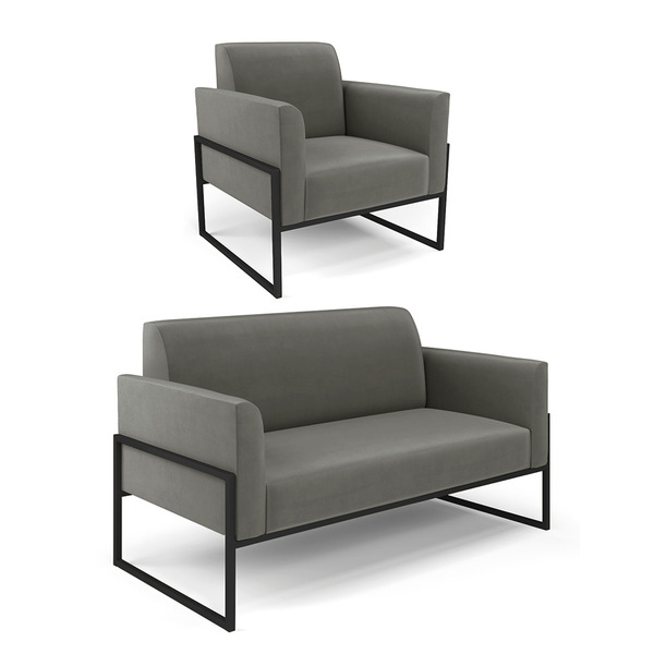 Sofá Namoradeira Com Poltrona Base Industrial Alta Preto Mari