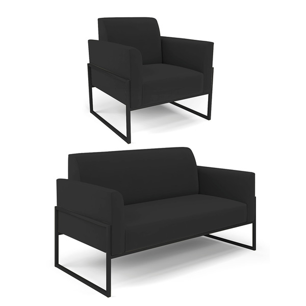 Sofá Namoradeira Com Poltrona Base Industrial Alta Preto Mari