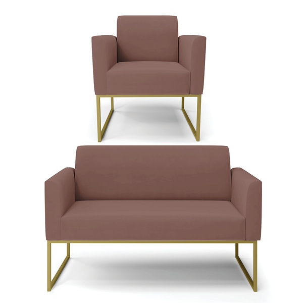 Sofá Namoradeira Com Poltrona Base Industrial Dourado Marisa