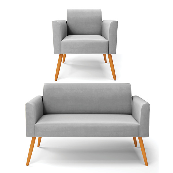 Sofá Namoradeira Com Poltrona Pés Palito Castanho Marisa Sued