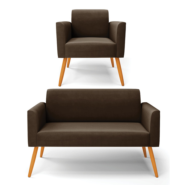 Sofá Namoradeira Com Poltrona Pés Palito Castanho Marisa Sued