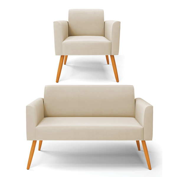 Sofá Namoradeira Com Poltrona Pés Palito Castanho Marisa Sued