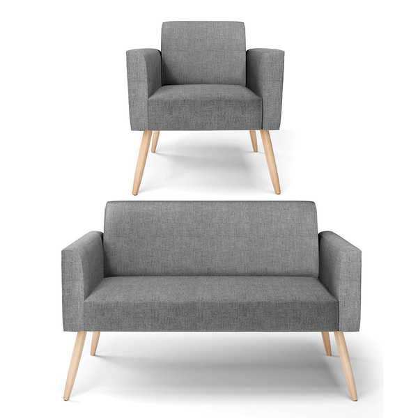 Sofá Namoradeira Com Poltrona Pés Palito Natural Marisa Linho