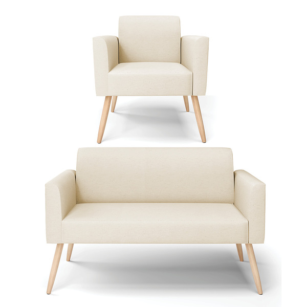 Sofá Namoradeira Com Poltrona Pés Palito Natural Marisa Linho