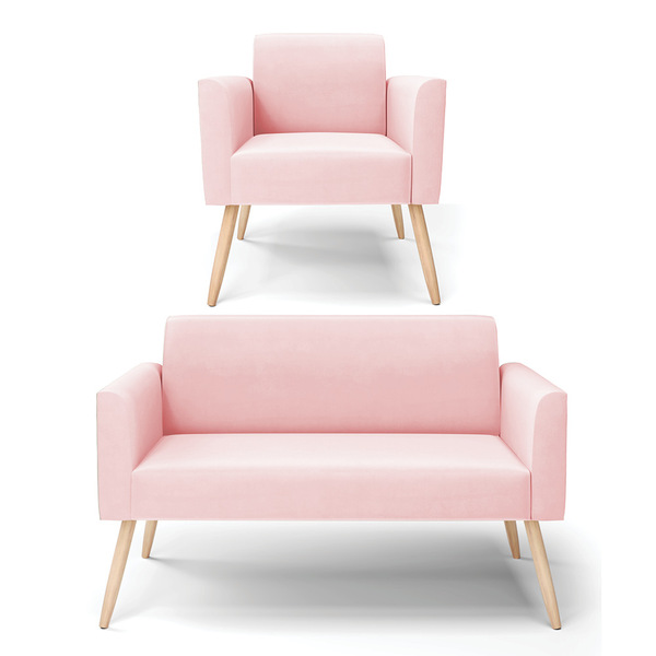 Sofá Namoradeira Com Poltrona Pés Palito Natural Marisa Suede