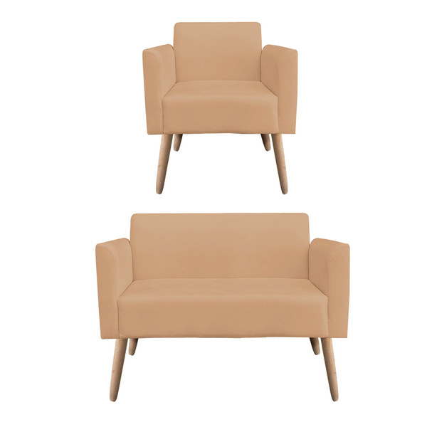 Sofá Namoradeira Com Poltrona Pés Palito Natural Marisa Suede