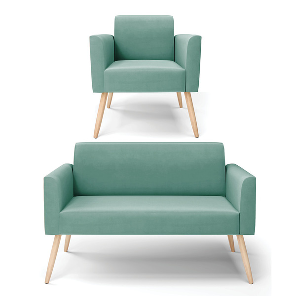 Sofá Namoradeira Com Poltrona Pés Palito Natural Marisa Suede