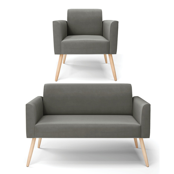 Sofá Namoradeira Com Poltrona Pés Palito Natural Marisa Suede