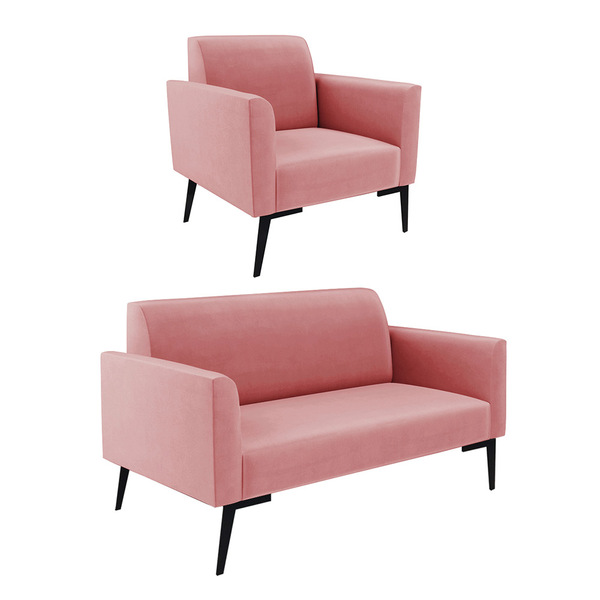 Sofá Namoradeira Com Poltrona Pés Villach Marisa Suede - Rose