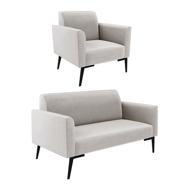 Sofá Namoradeira Com Poltrona Pés Villach Marisa Veludo Cinza