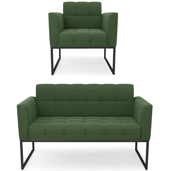 Sofá Namoradeira E 1 Poltrona Base Industrial Preto Ana Suede