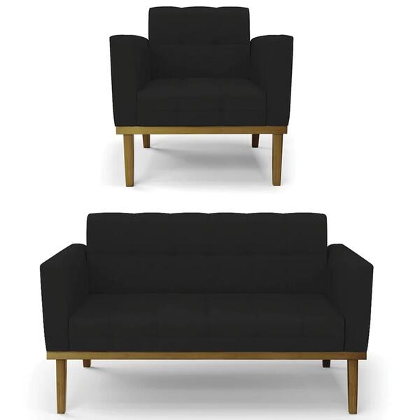 Sofá Namoradeira E 1 Poltrona Base Madeira Castanho Ana Linho