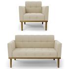 Sofá Namoradeira E 1 Poltrona Base Madeira Castanho Ana Suede