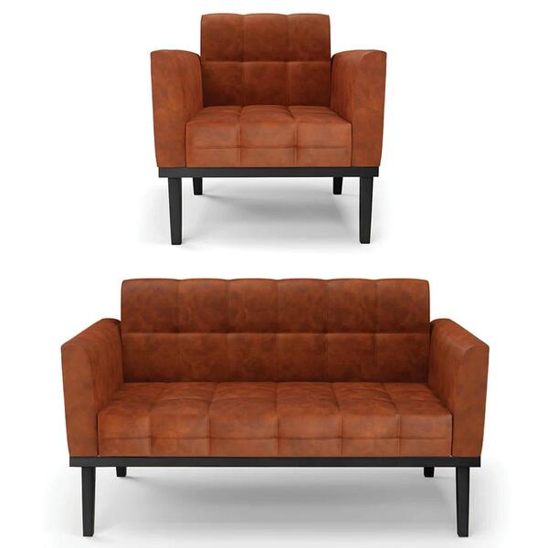 Sofá Namoradeira E 1 Poltrona Base Madeira Preto Ana Sintétic