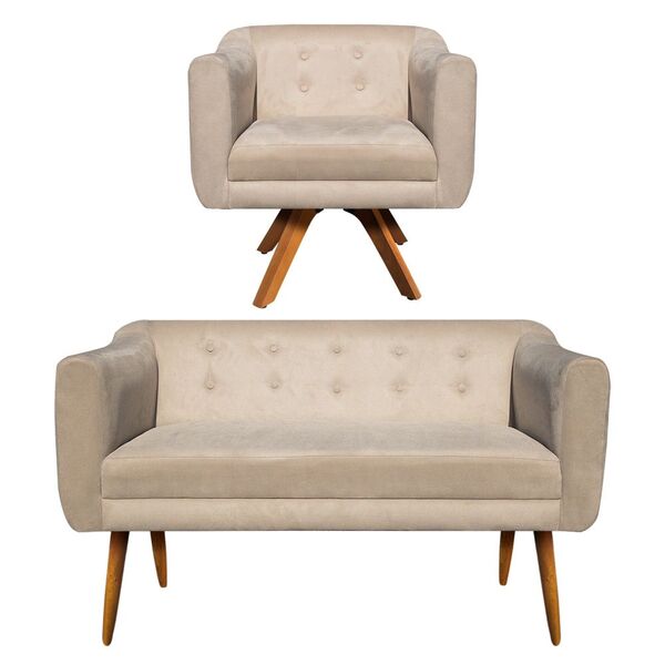 Sofá Namoradeira E 1 Poltrona Julia Giratória Madeira Linho M