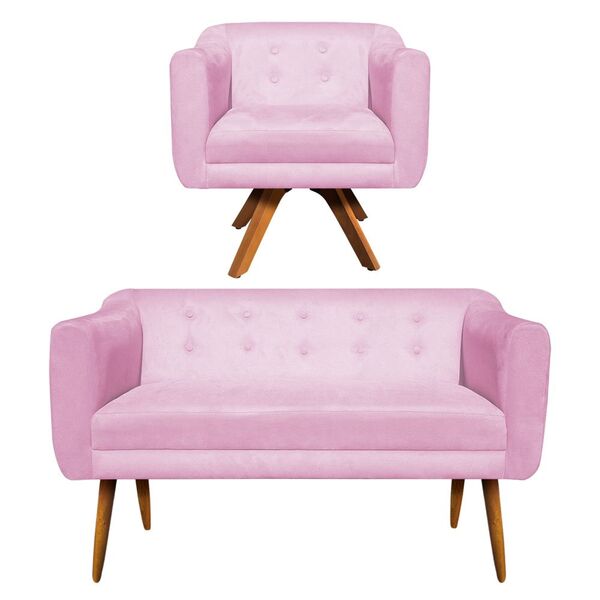 Sofá Namoradeira E 1 Poltrona Julia Giratória Madeira Linho M