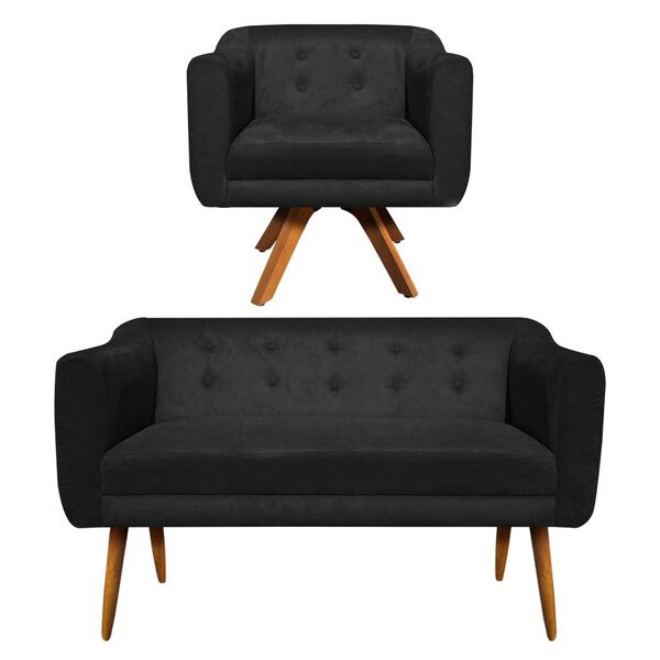 Sofá Namoradeira E 1 Poltrona Julia Giratória Madeira Linho M