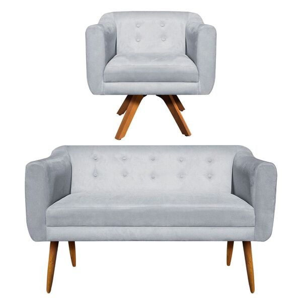 Sofá Namoradeira E 1 Poltrona Julia Giratória Madeira Linho M