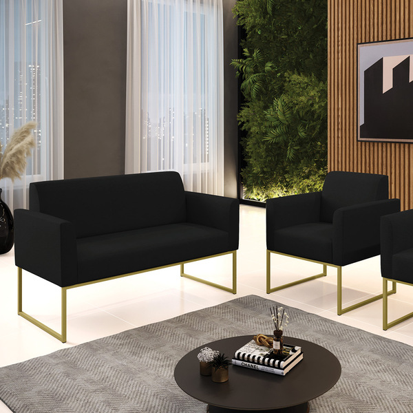 Sofá Namoradeira E 1 Poltrona Marisa Aço Industrial Dourado L