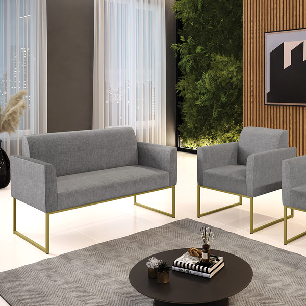 Sofá Namoradeira E 1 Poltrona Marisa Aço Industrial Dourado L