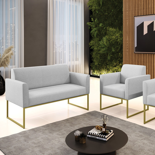 Sofá Namoradeira E 1 Poltrona Marisa Aço Industrial Dourado L