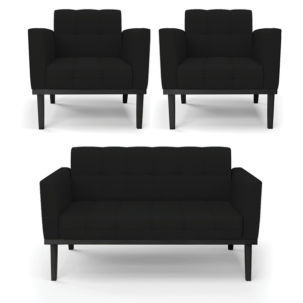Sofá Namoradeira E 2 Poltronas Base De Madeira Preto Elisa Li