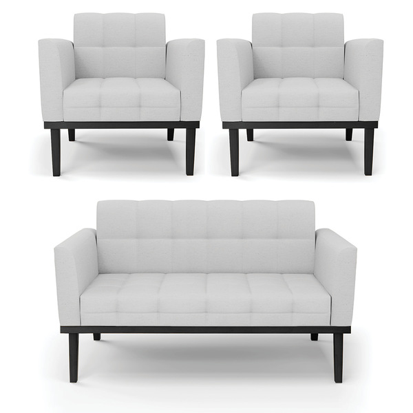 Sofá Namoradeira E 2 Poltronas Base De Madeira Preto Elisa Li