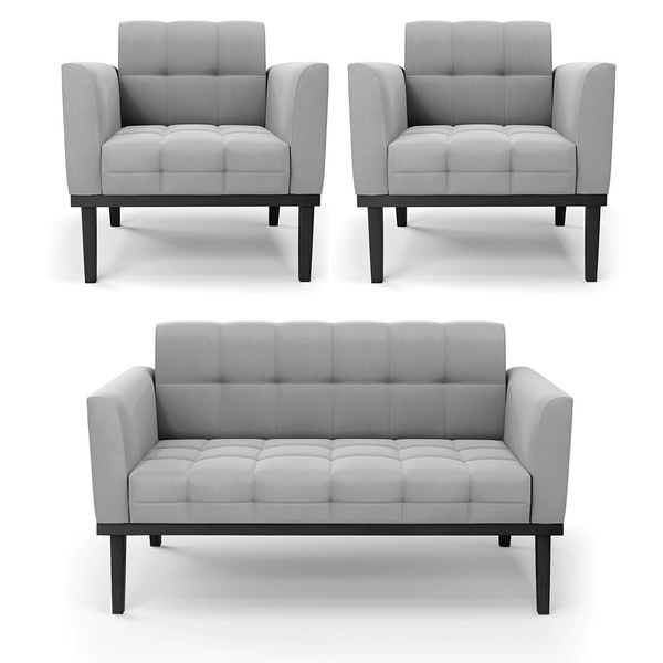 Sofá Namoradeira E 2 Poltronas Base De Madeira Preto Elisa Su