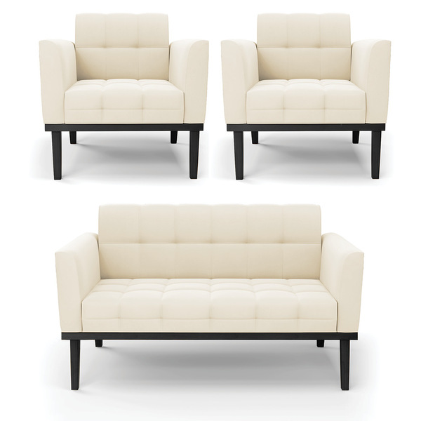 Sofá Namoradeira E 2 Poltronas Base De Madeira Preto Elisa Ve