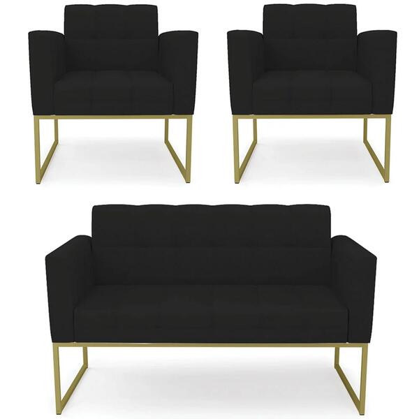 Sofá Namoradeira E 2 Poltronas Base Industrial Dourado Ana Li