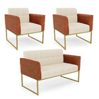 Sofá Namoradeira E 2 Poltronas Base Industrial Dourado Elisa