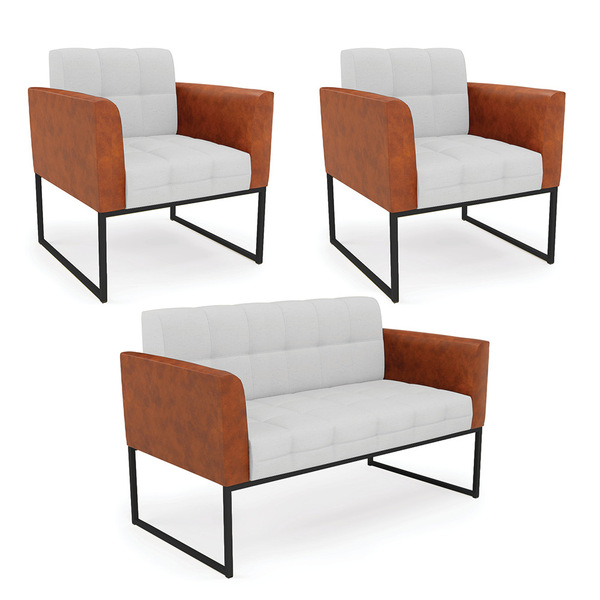 Sofá Namoradeira E 2 Poltronas Base Industrial Preto Elisa No