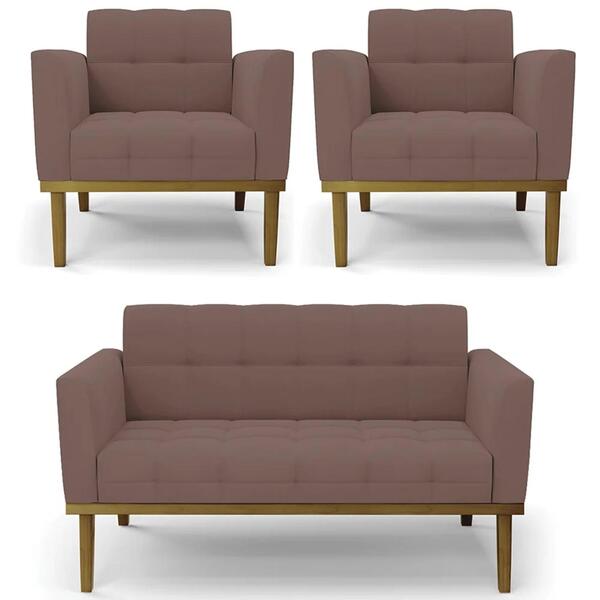 Sofá Namoradeira E 2 Poltronas Base Madeira Castanho Ana Velu