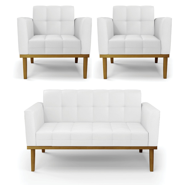 Sofá Namoradeira E 2 Poltronas Base Madeira Castanho Elisa Co