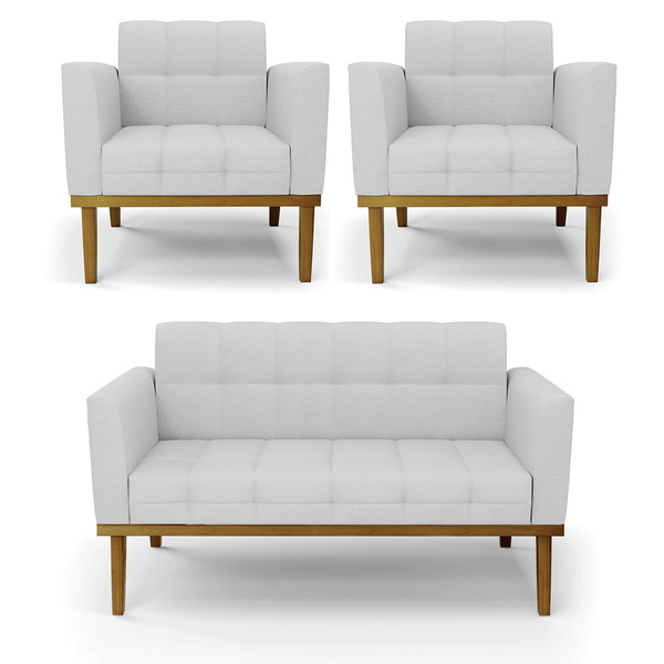 Sofá Namoradeira E 2 Poltronas Base Madeira Castanho Elisa Li